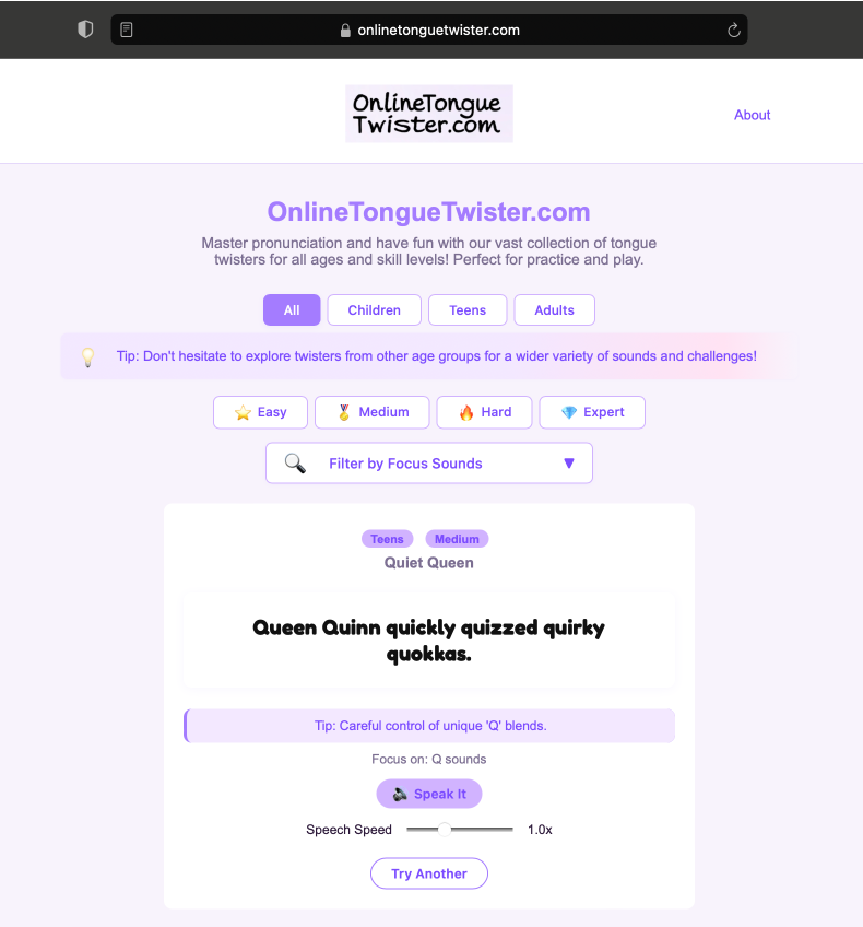 OnlineTongueTwister.com website screenshot - interactive tongue twister platform