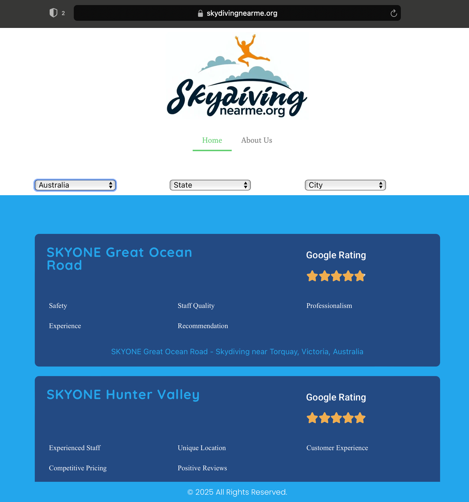 SkydivingNearMe.org website screenshot - custom design and SEO for global skydiving directory